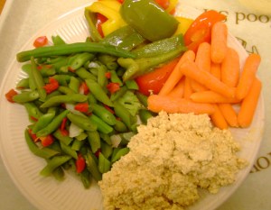 The Heat Is On Tofu Salad, Baby Carrots, Stir Fried Peppers, Oregon Style Beans